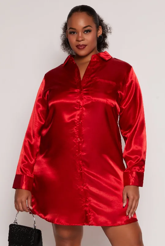 Plus Size Satin Button Front Shirt Dress