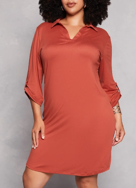 Plus Size Tabbed Sleeve Shirt Dress