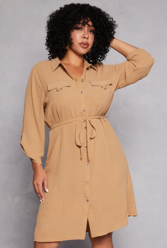 Plus Size Crepe Knit Tie Waist Shirt Dress