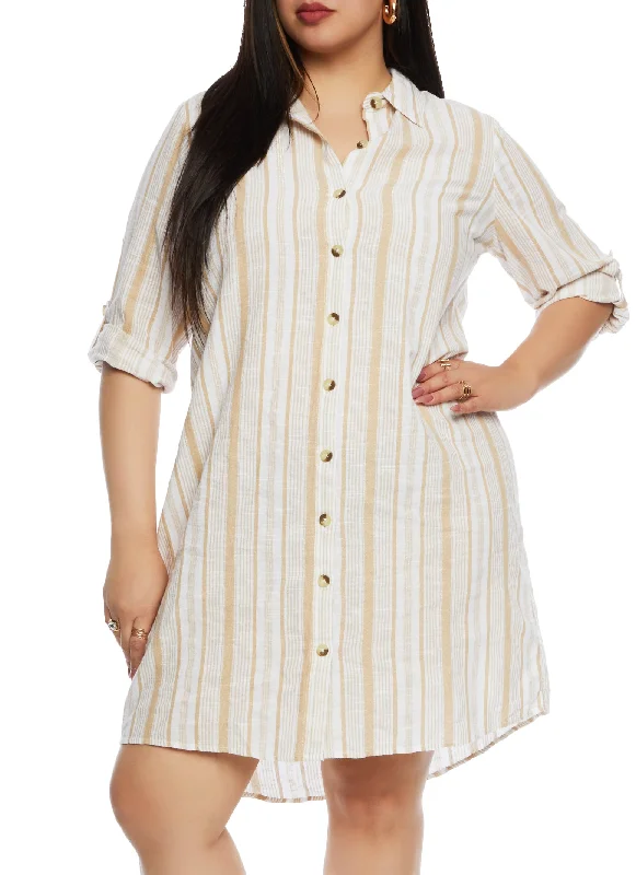 Plus Size Linen Striped Shirt Dress