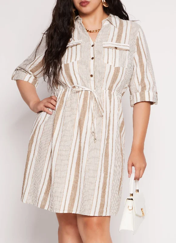 Plus Size Lurex Striped Linen Shirt Dress