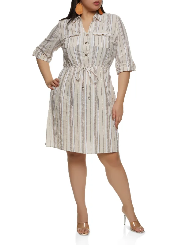 Plus Size Striped Half Button Shirt Dress