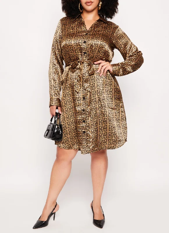 Plus Size Greek Key Button Front Shirt Dress