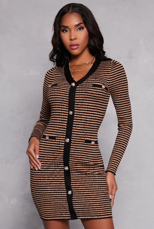 Striped Ribbed Knit Button Detail Dress