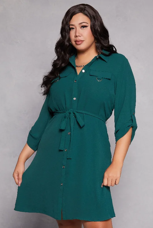 Plus Size Crepe Knit Tie Waist Shirt Dress