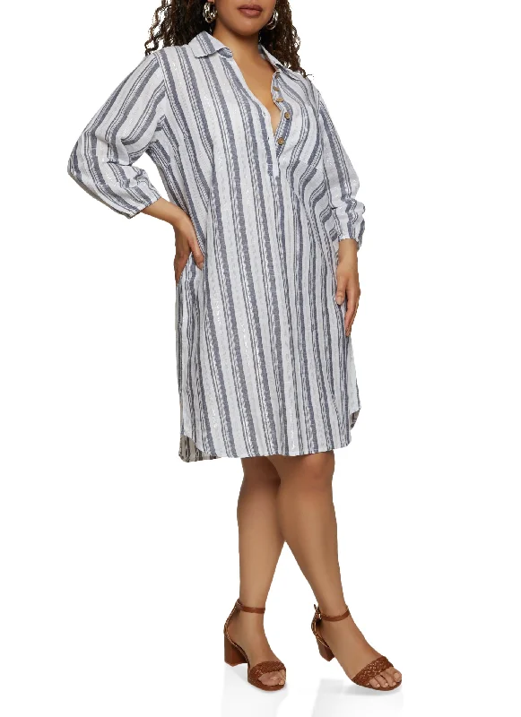 Plus Size Stripe Linen Shirt Dress