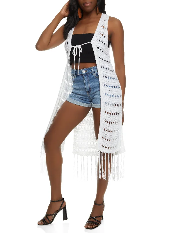 Crochet Tie Front Fringe Hem Sleeveless Duster