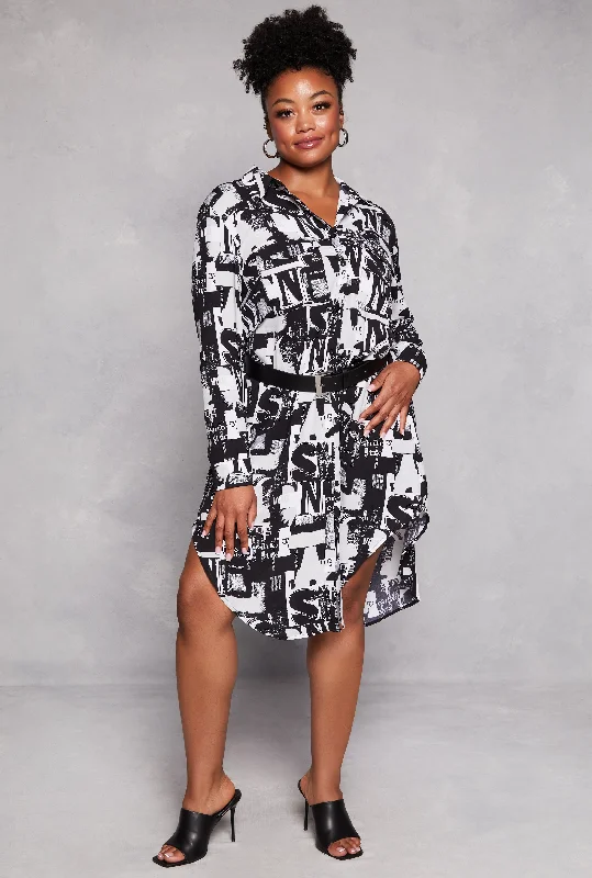 Plus Size Abstract Printed Button Front Shirt Dress