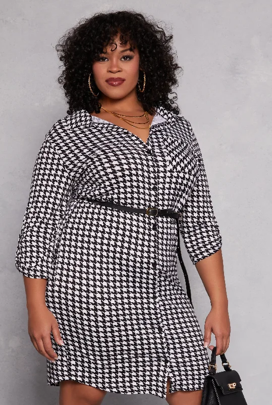 Plus Size Houndstooth Belted Shirt Dress