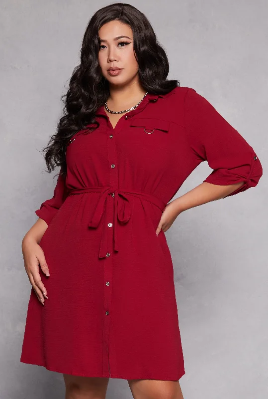 Plus Size Crepe Knit Tie Waist Shirt Dress