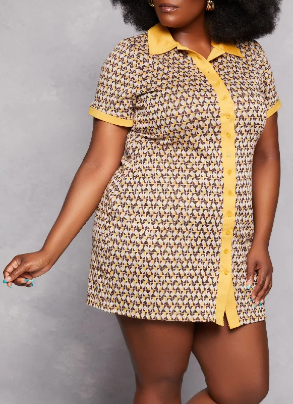 Plus Size Geometric Patterned Shirt Dress