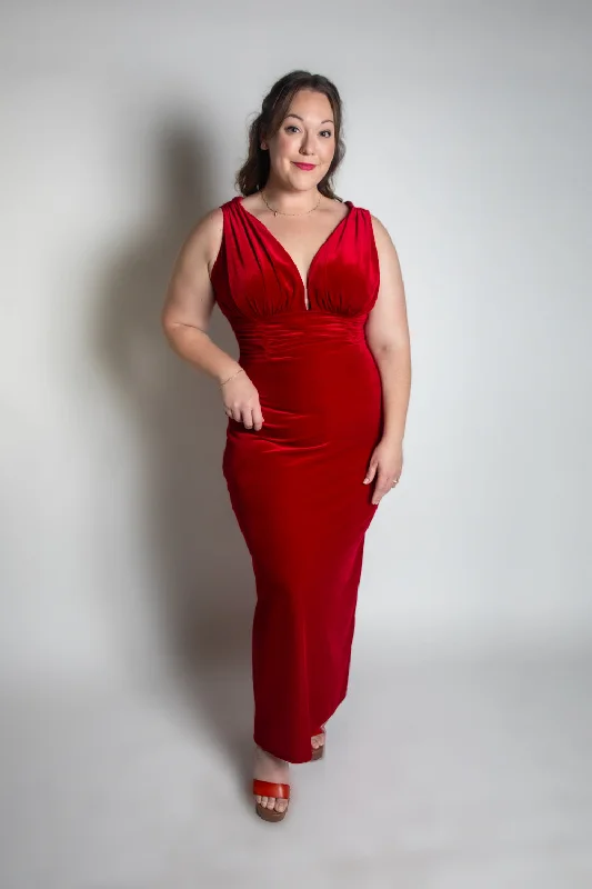 Formal Athena Gown  Dress - Stretch Velvet, Red