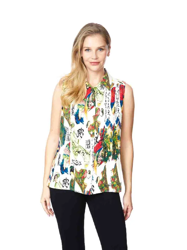 Tianello TENCEL™ printed  "Geisha" Sleeve Less "Monica" Blouse