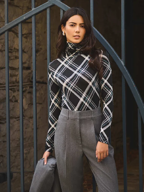 Plaid Long Sleeve Turtleneck Top