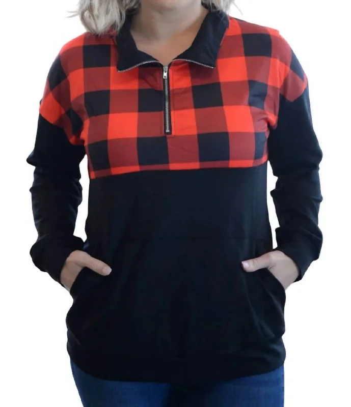 Buffalo Plaid Zip Up Pullover In Red/black