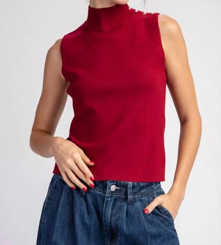 Mock Neck Sleeveless Sweater Top In Cherry Red