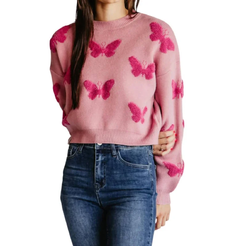 Patterned Crop Sweater In Butterfly