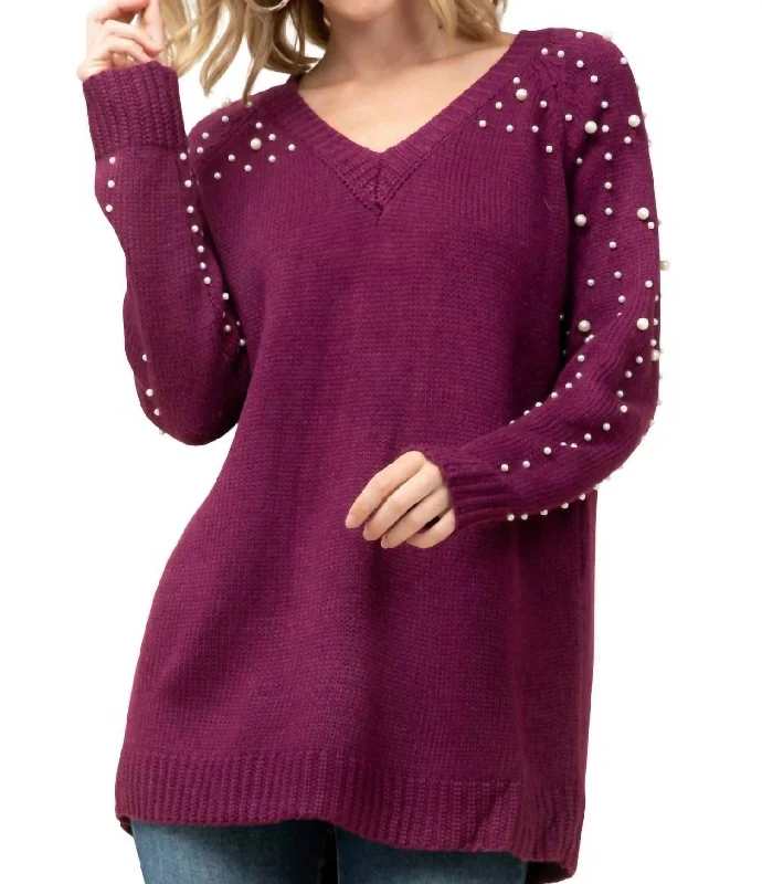 Pearl Embellished Sweater In Wine