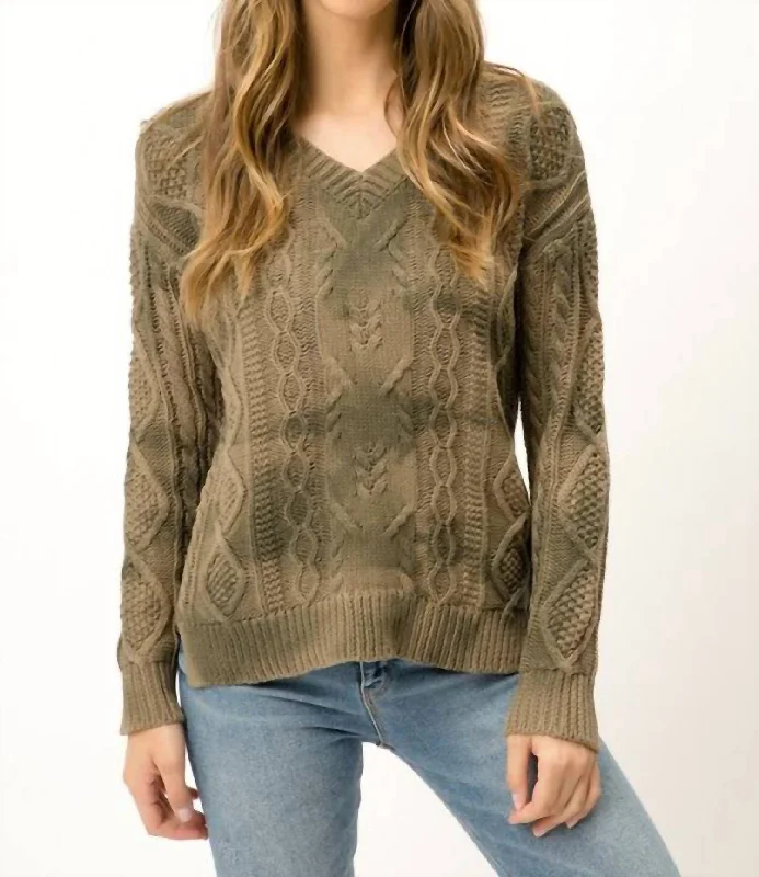 Tie Dye Cable Knit Sweater In Olive Green