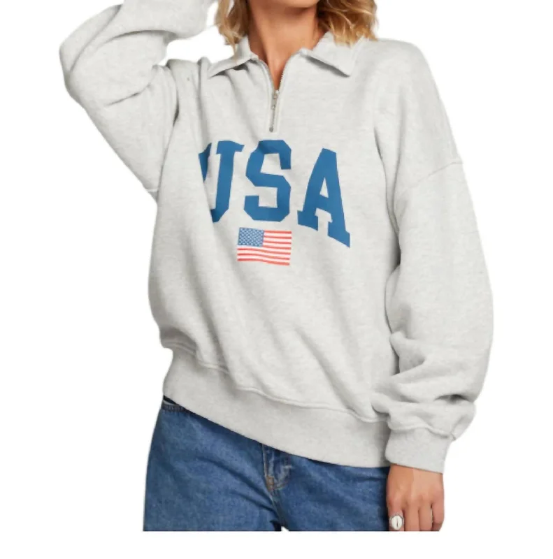 Usa Quarter Zip Oversized Sweatshirt In Heather Gray