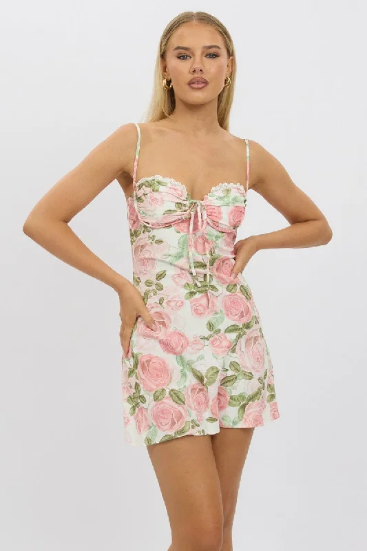 Pink Floral Mini Dress Strappy