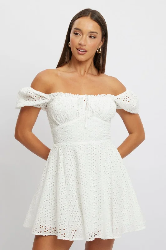 White Fit And Flare Dress Mini Eyelet Fabric